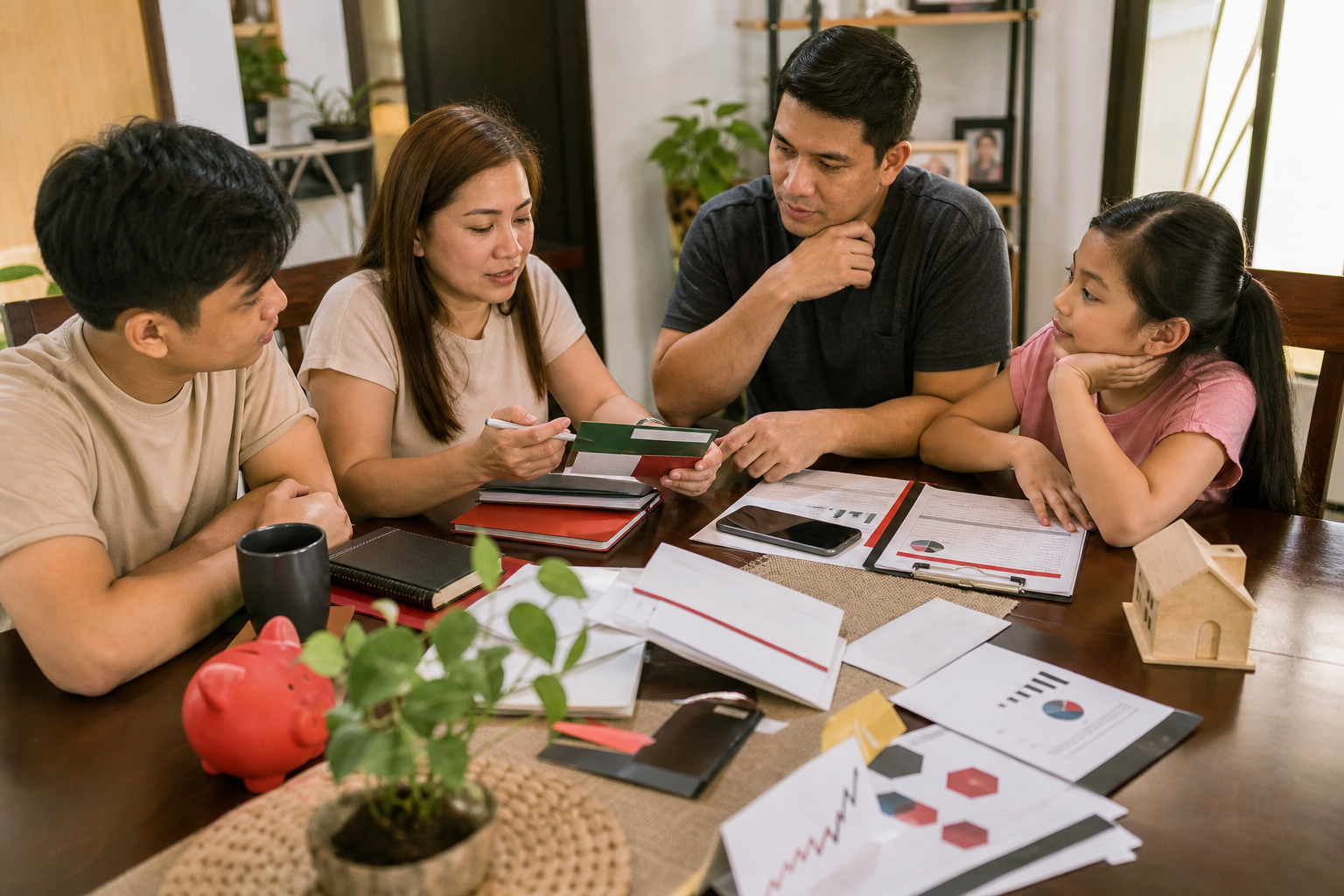 Filipino family comparing savings, passbook, phone, and stock account forms