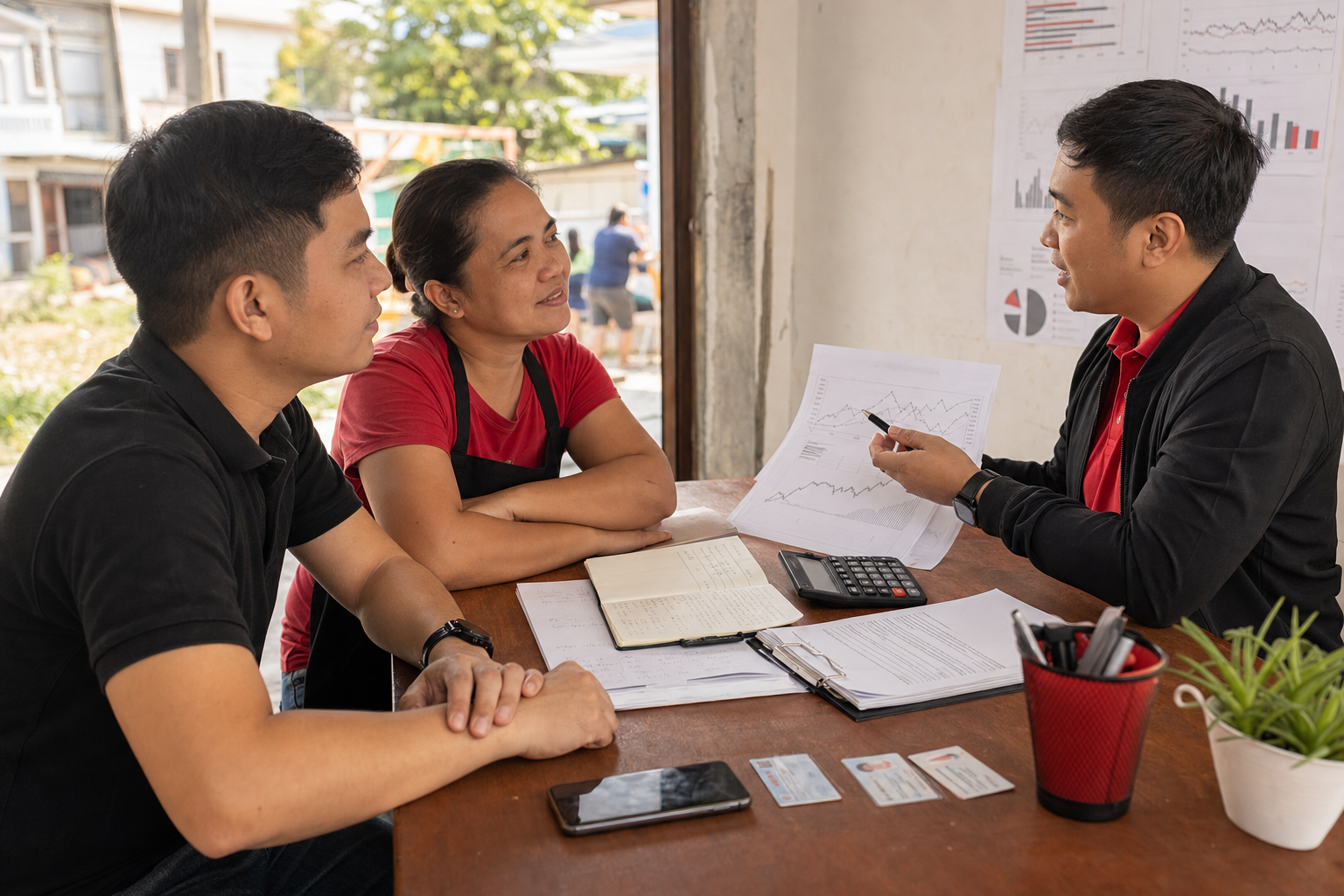 Filipino worker and small business owner asking practical investing questions with broker guidance